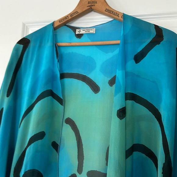 Hand-Painted Signed Open-Front Silk Kimono w Sheer Border Blue Green - Picture 4 of 12